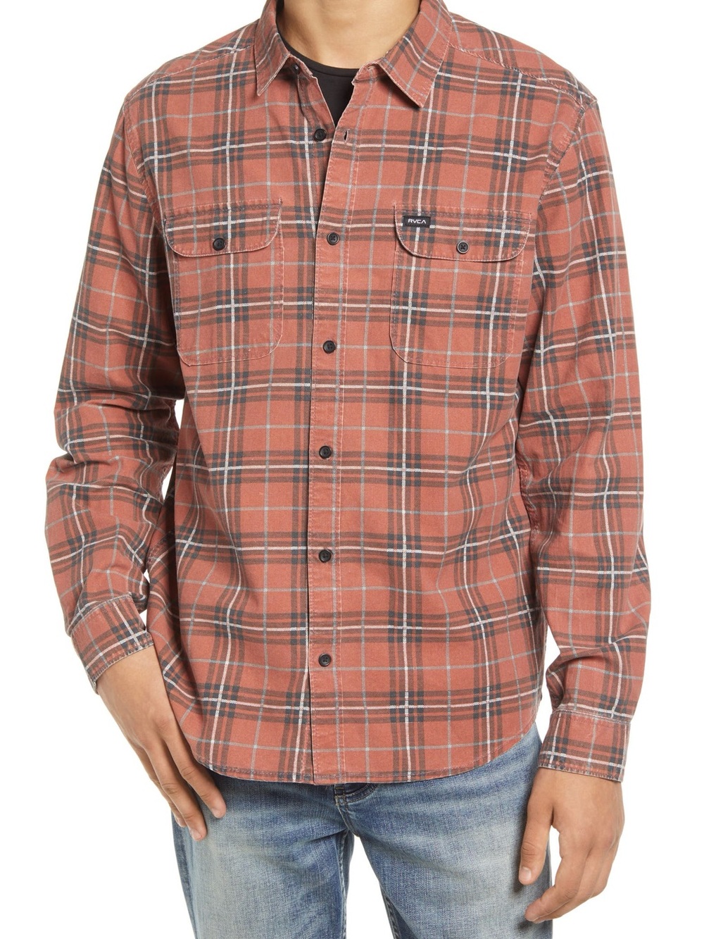 RVCA Men's Rust Plaid Button Down Shirt